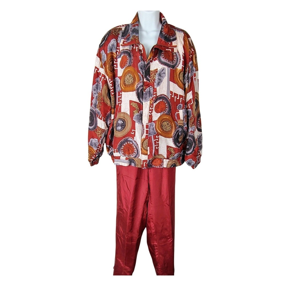 Vintage 90's 100% Silk Tracksuit Set Burgundy Gold Medallion Greek baroque